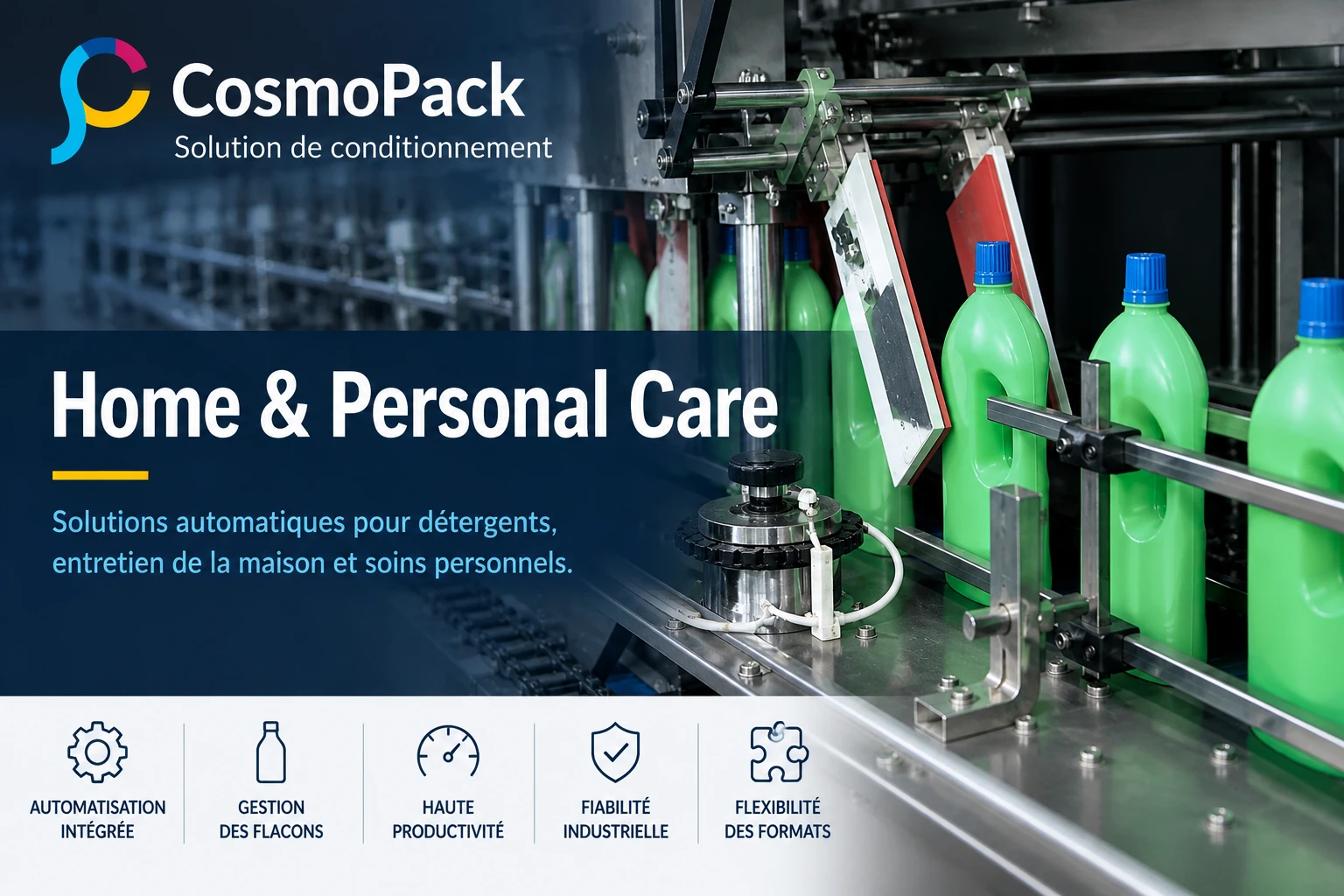 Automatisation industrielle pour produits Home and Personal Care avec flacons sur ligne automatique