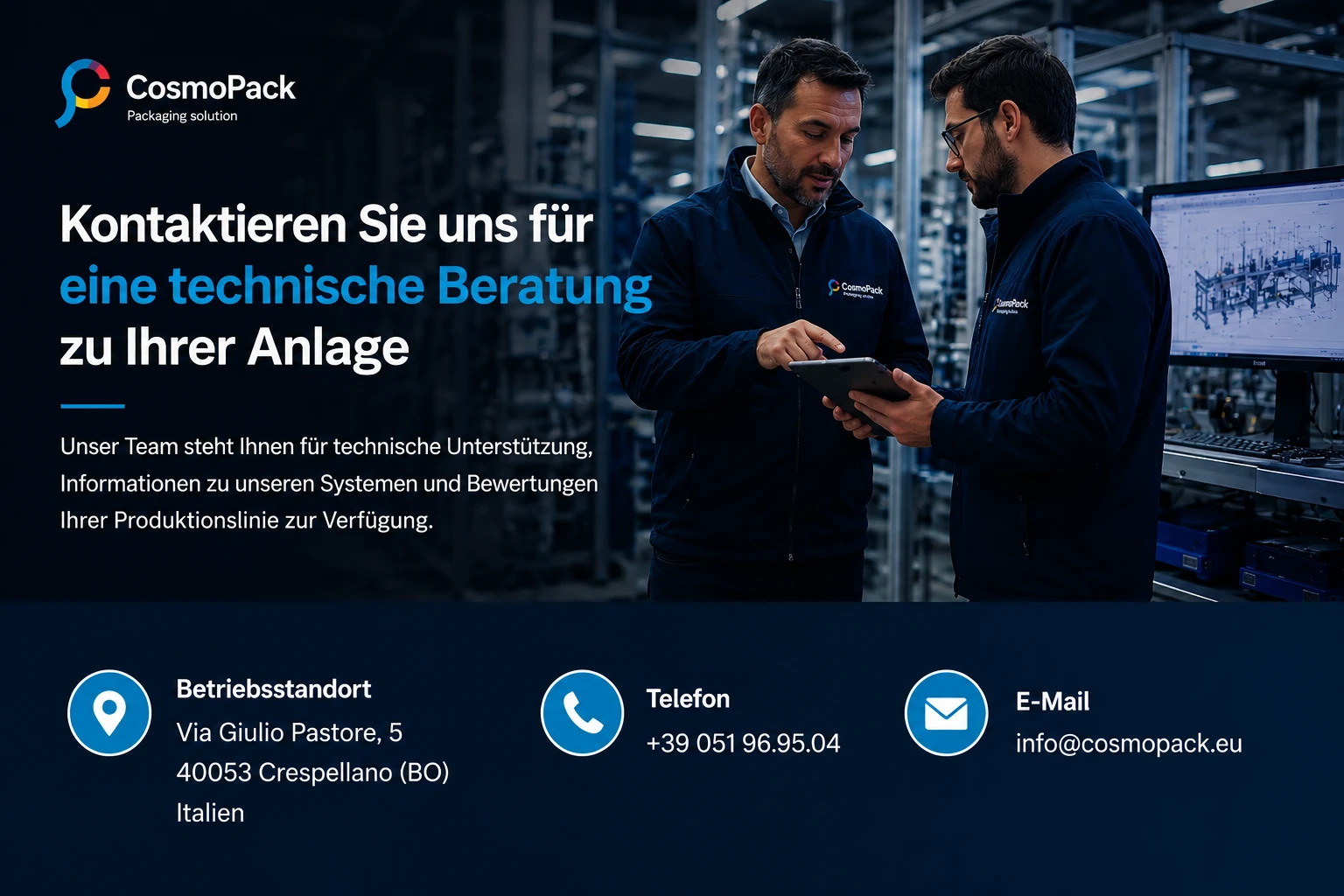 Kontakt Cosmopack für industrielle Verpackungsmaschinen und Automatisierung