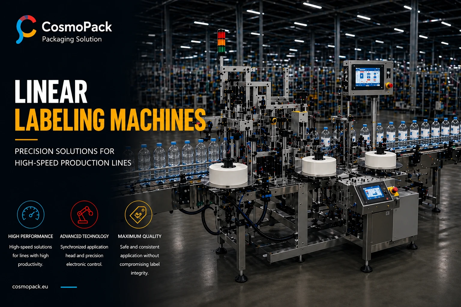 Industrial linear labeling machines for bottles and containers